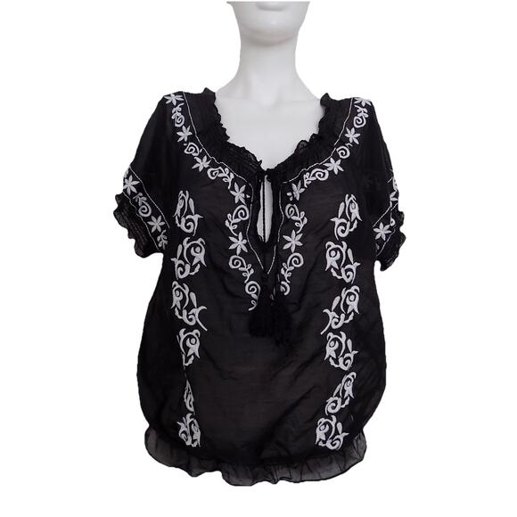 Cache embroidered blouse black shirt short sleeve silk blend size Medium - Picture 1 of 9